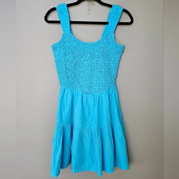 SAYLOR Mariah Smocked Textured Mini Tank Dress, Flounced Hem, Blue - Picture 6 of 13